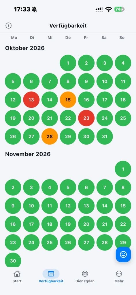 Verfügbarkeitskalender in der ZeitStation-App